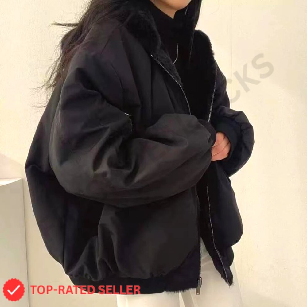 Reversible Sherpa Fleece Jacket Y2K Grunge Winter Coat Oversized Zip Hoodie - Picture 4 of 5